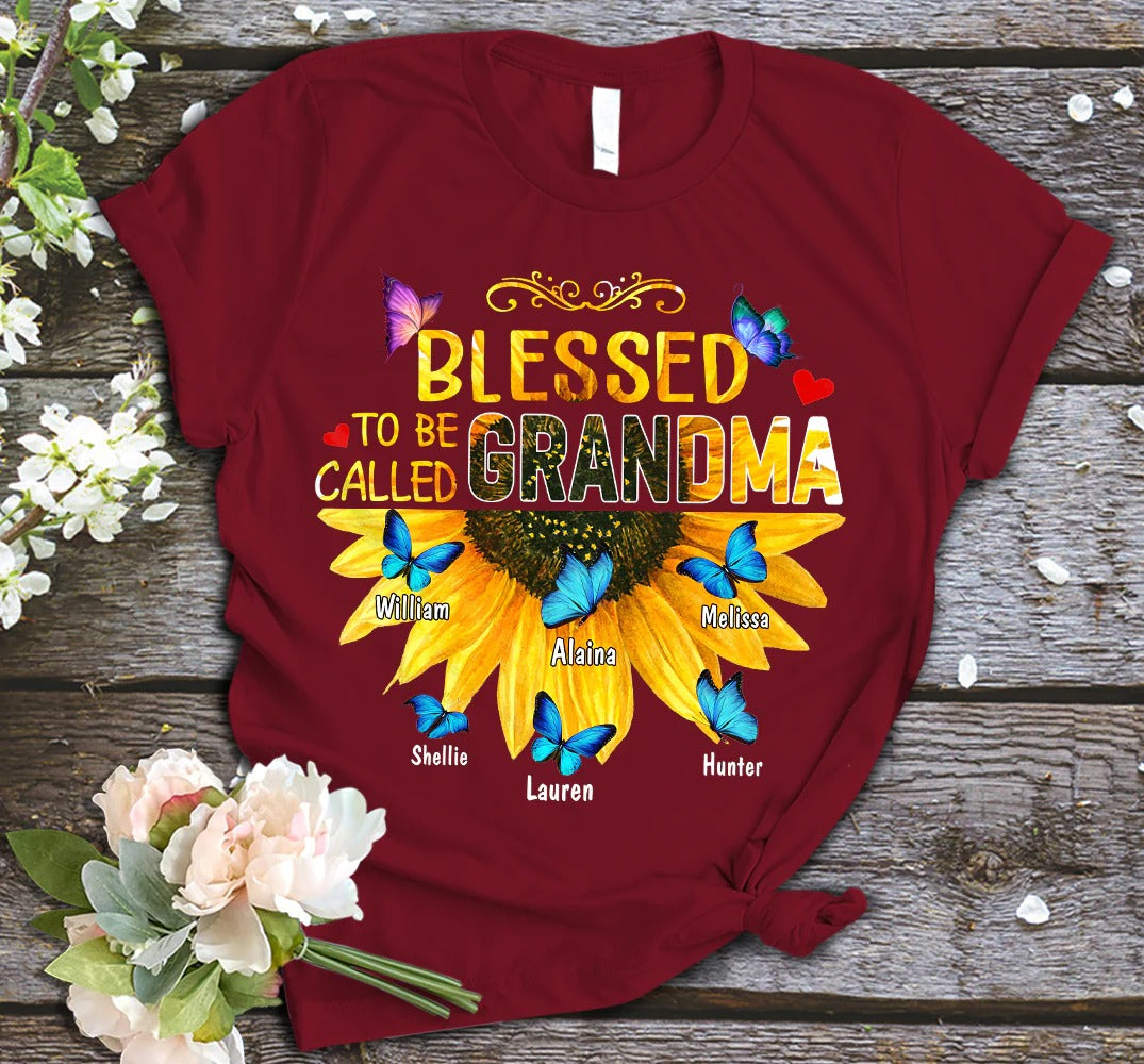 Grandma and Kids Custom Name T-shirt, Blessed To Be Called Grandma Sunflower Gift Personalized Shirt - Perfect Gift For Gigi, Nana, Mimi, Grandma