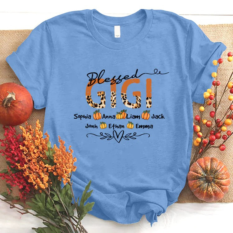 Gigi And Kids Custom Name T-shirt, Mother's Day Shirt, Leopard Blessed Gigi And Kids Pumpkin Personalized Shirt - Perfect Gift For Gigi, Nana, Mimi, Grandma