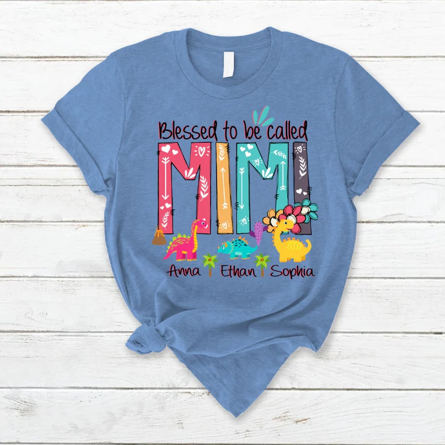 Mimi and Kids Custom Name T-shirt, Blessed To Be Called Mimi Dinosaur Personalized Shirt - Perfect Gift For Gigi, Nana, Mimi, Grandma