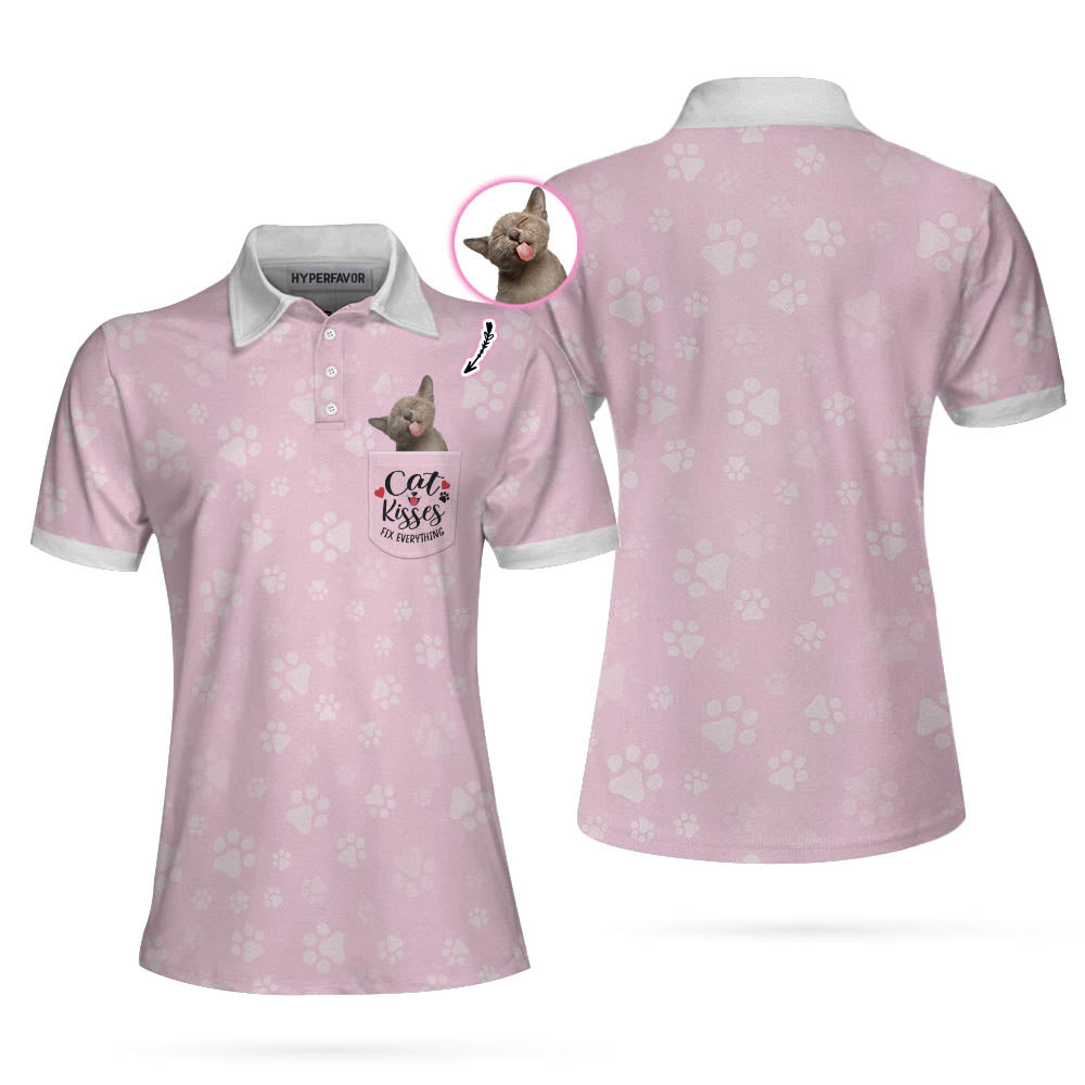 Cat Kisses Fix Everything Custom Short Sleeve Women Polo Shirt, Personalized Cat Polo Shirt For Women, Pink Cat Mom Shirt