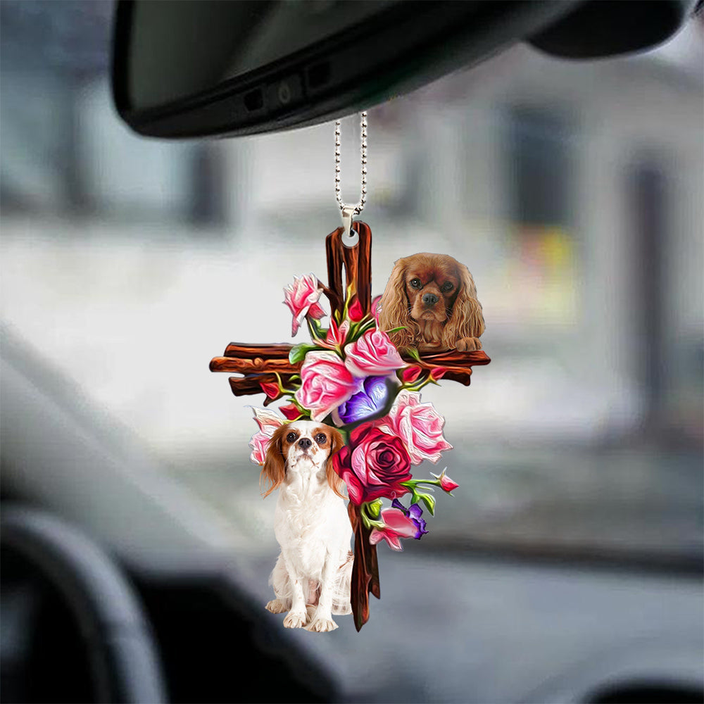 Cavalier King Charles Spaniel Roses and Jesus Mirror Ornament - Dog Car Hanging Ornament - Gift For Dog Mom, Dog Lover, Dog Owner