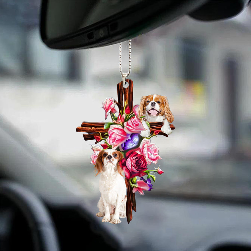Cavalier King Charles Spaniel Roses and Jesus Ornament - Dog Car Hanging Ornament - Gift For Dog Mom, Dog Lover, Dog Owner