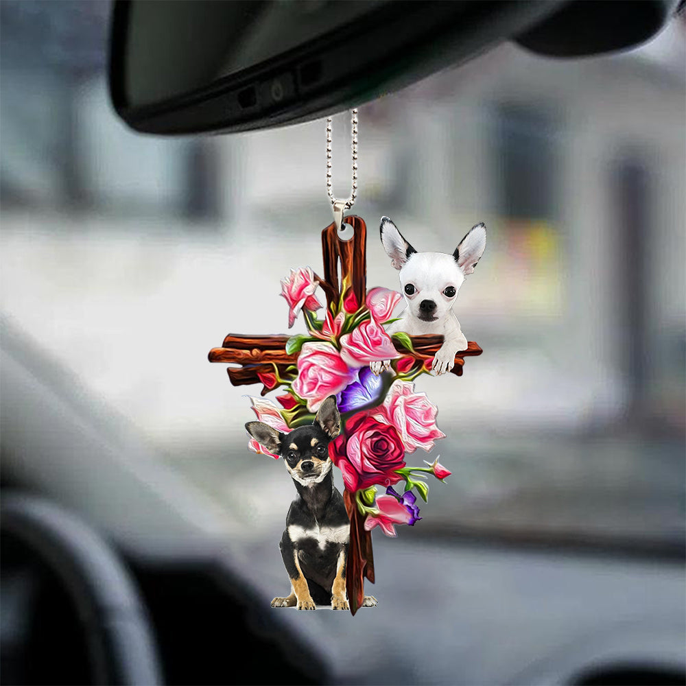 Chihuahua Roses and Jesus Mirror Ornament - Dog Car Hanging Ornament - Gift For Dog Mom, Dog Lover, Dog Owner
