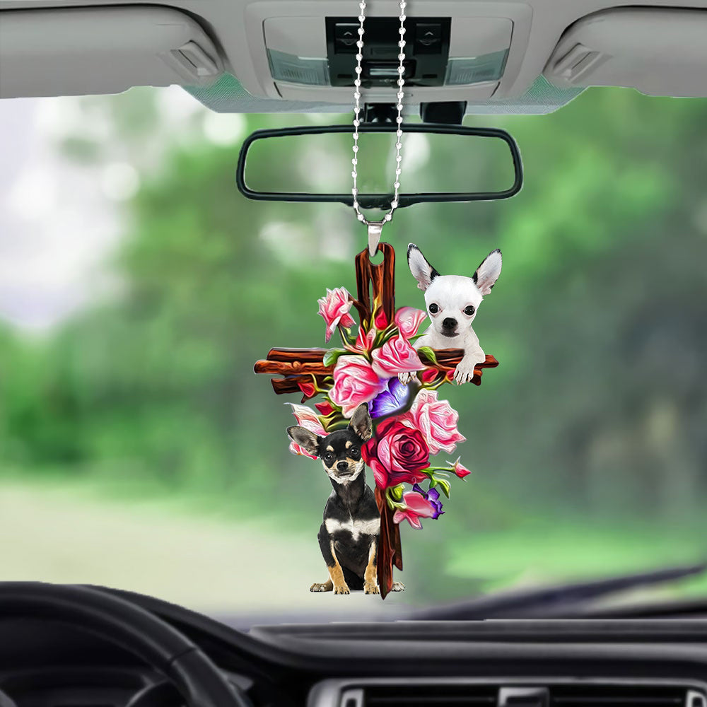 Chihuahua Roses and Jesus Mirror Ornament - Dog Car Hanging Ornament - Gift For Dog Mom, Dog Lover, Dog Owner