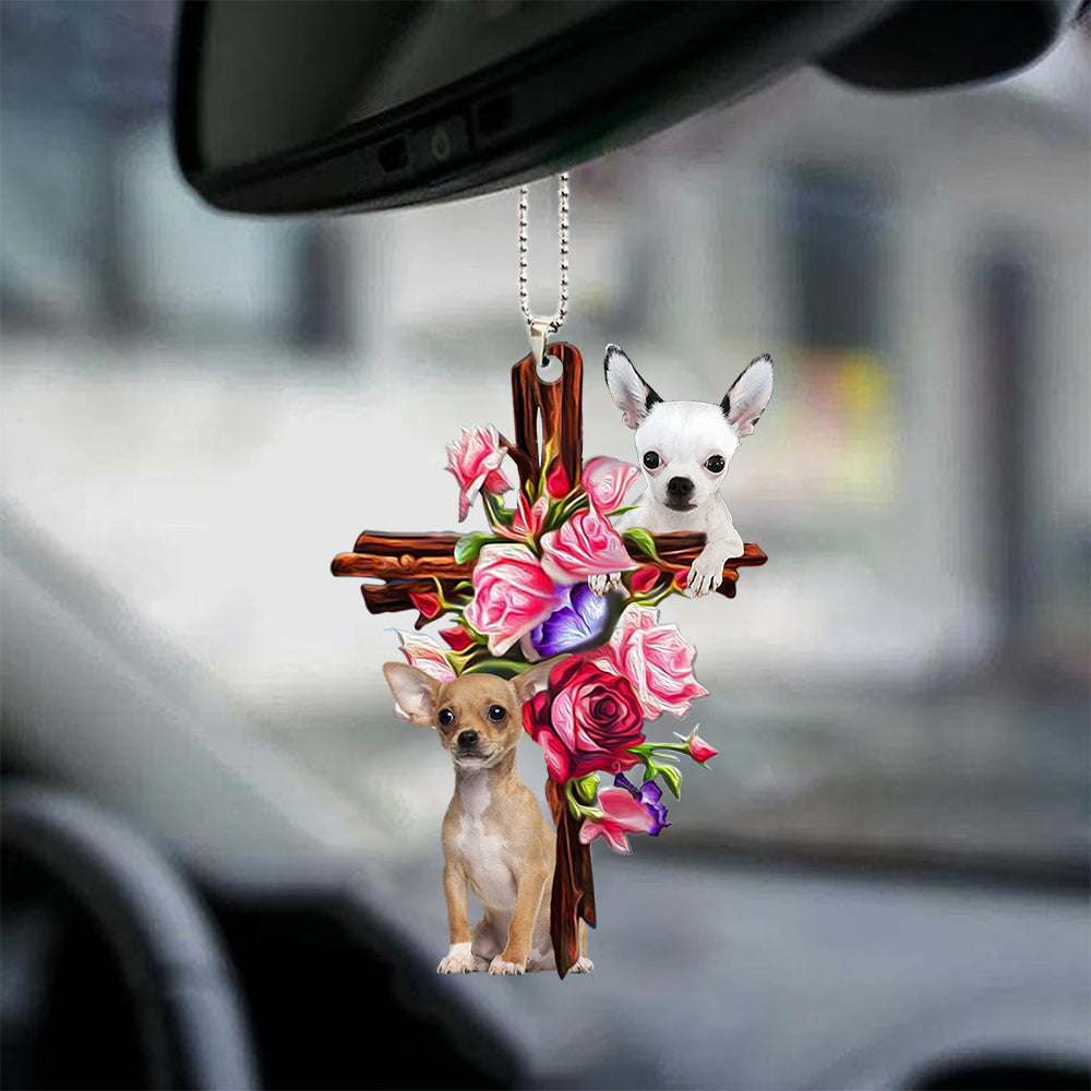 Chihuahua Roses and Jesus Ornament - Dog Car Hanging Ornament - Gift For Dog Mom, Dog Lover, Dog Owner
