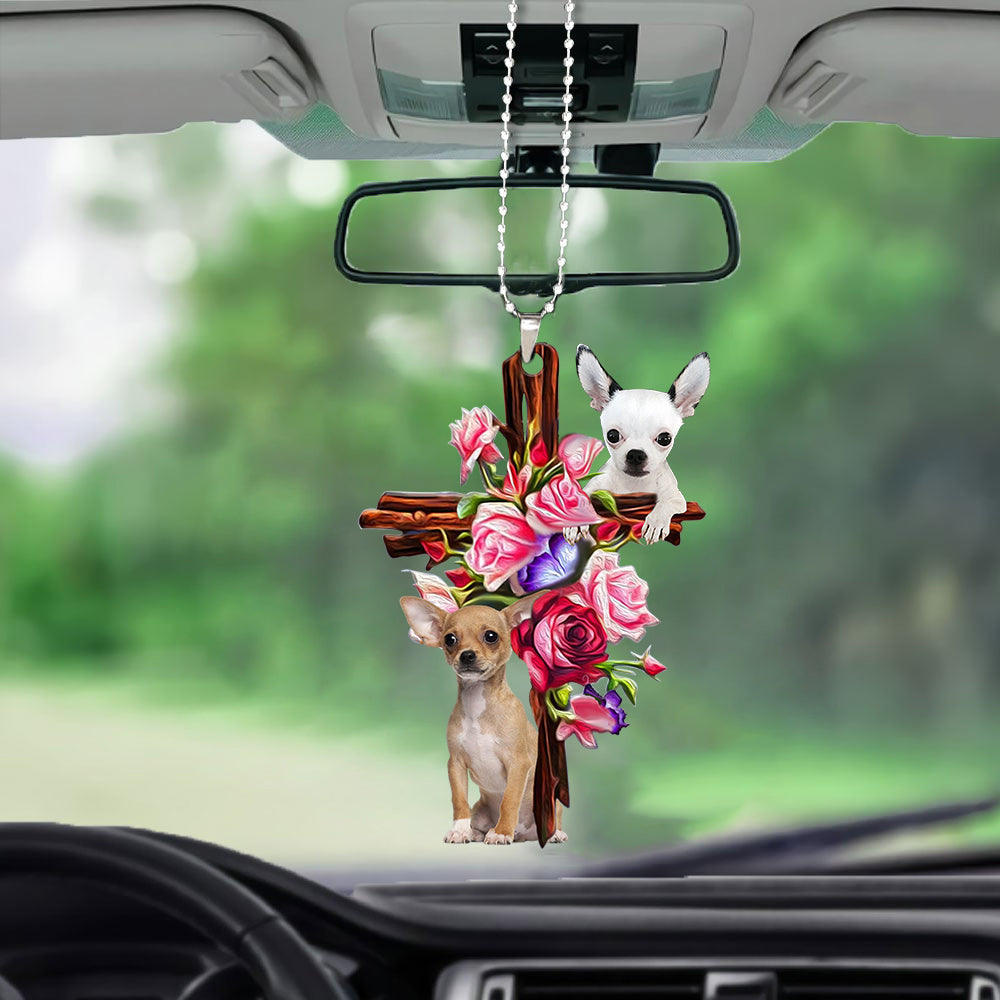 Chihuahua Roses and Jesus Ornament - Dog Car Hanging Ornament - Gift For Dog Mom, Dog Lover, Dog Owner