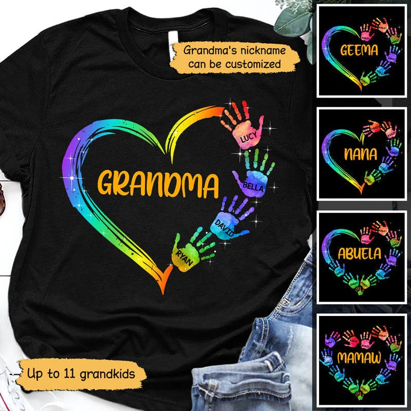 Grandma and Kids Custom Name T-shirt, Chillever Grandma Mom Heart Hand Print Personalized Shirt - Perfect Gift For Gigi, Nana, Mimi, Grandma