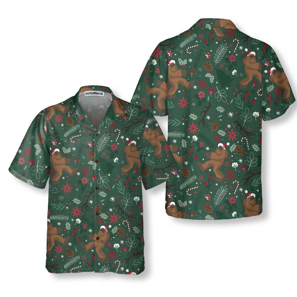 Christmas Bigfoot Pattern Hawaiian Shirt, Funny Bigfoot Christmas Shirt For Men, Best Gift For Friend, Family