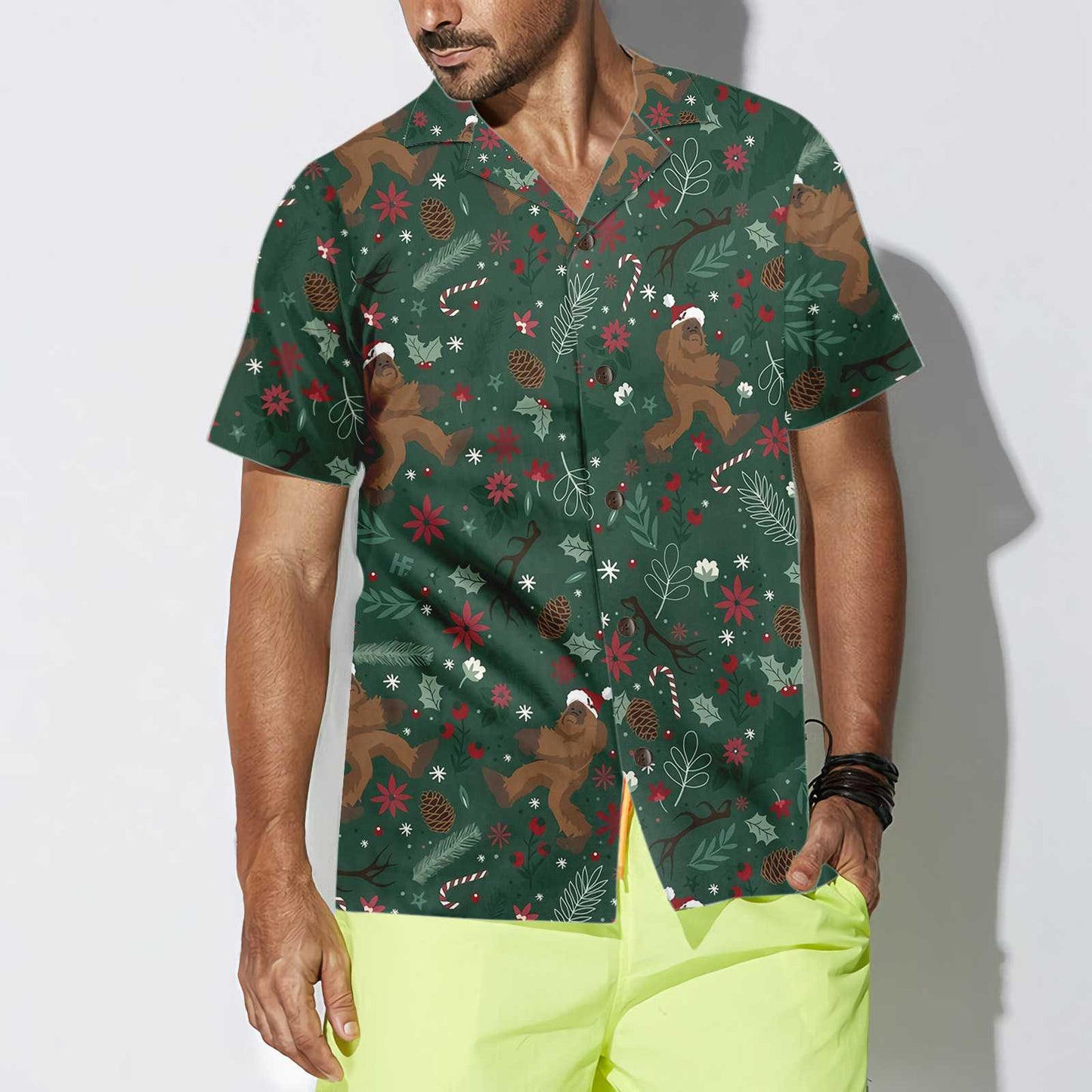 Christmas Bigfoot Pattern Hawaiian Shirt, Funny Bigfoot Christmas Shirt For Men, Best Gift For Friend, Family