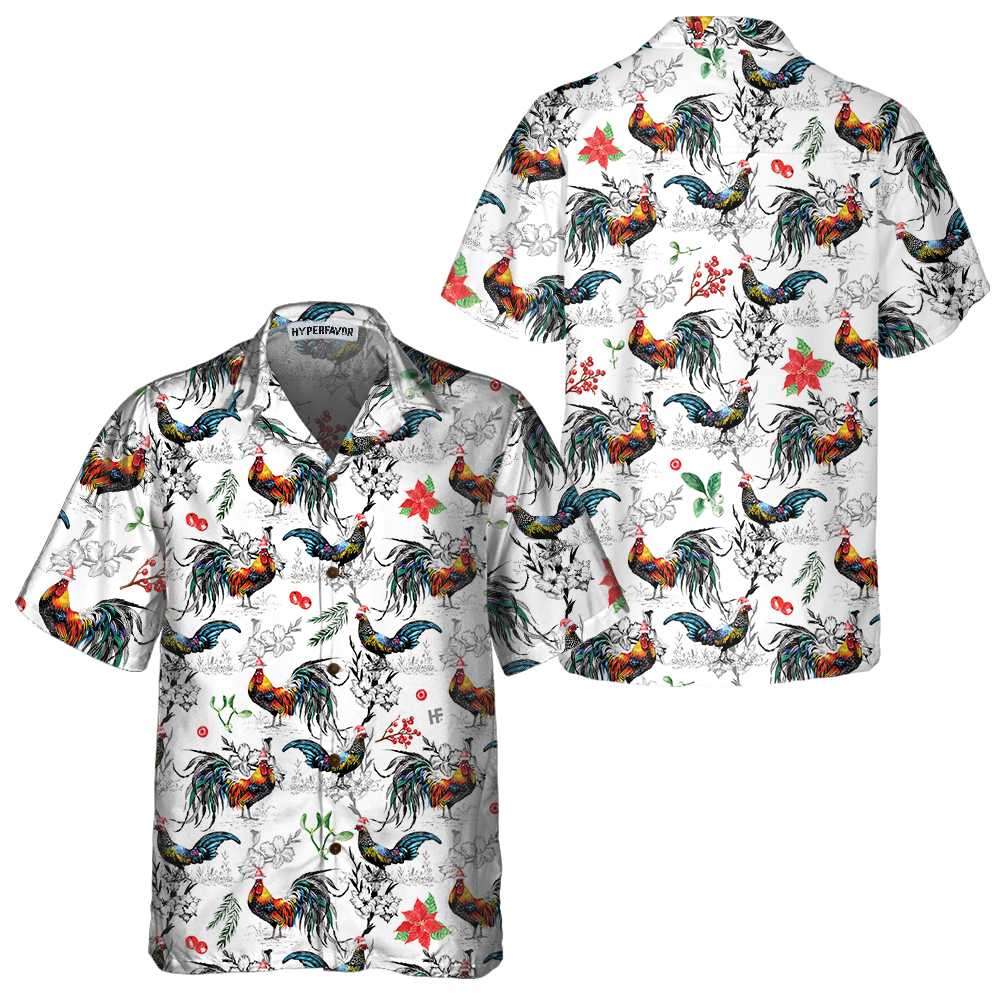 Christmas Chicken With Poinsettia Flower Hawaiian Shirt, Tropical Christmas Shirt For Men, Best Gift For Christmas, Friend, Family
