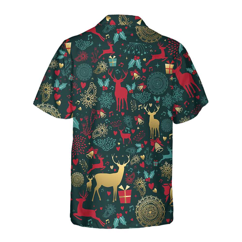 Christmas Golden Deer Pattern Hawaiian Shirt, Christmas Reindeer Shirt, Best Xmas Gift Idea, Best Christmas Gift For lover, Friend, Family