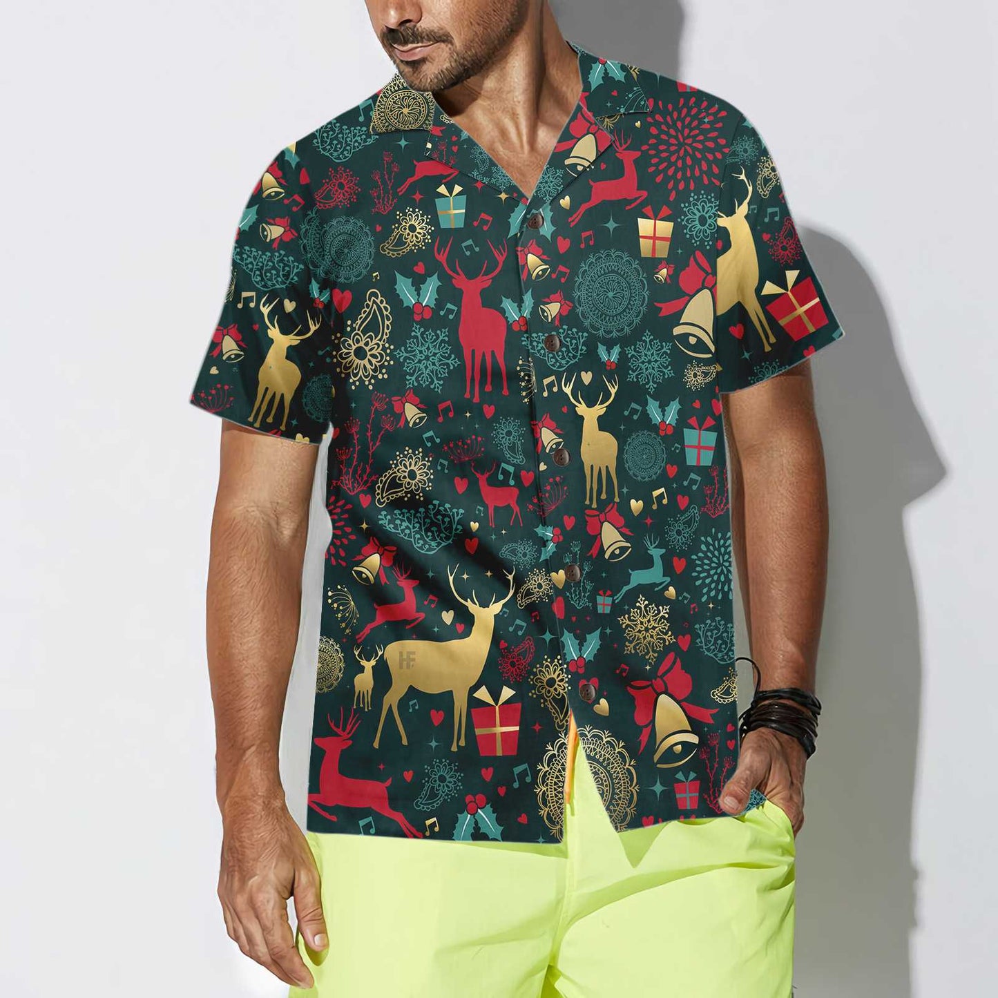 Christmas Golden Deer Pattern Hawaiian Shirt, Christmas Reindeer Shirt, Best Xmas Gift Idea, Best Christmas Gift For lover, Friend, Family
