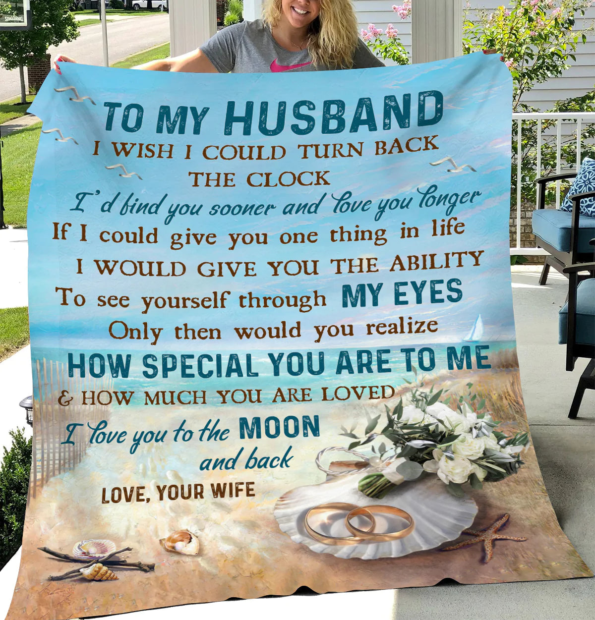 Couple Blanket, To My Husband Blanket, Valentine's Day Gift, Gifts For Husband From Wife, Beach And Rings Blanket - I Love You To The Moon & Back