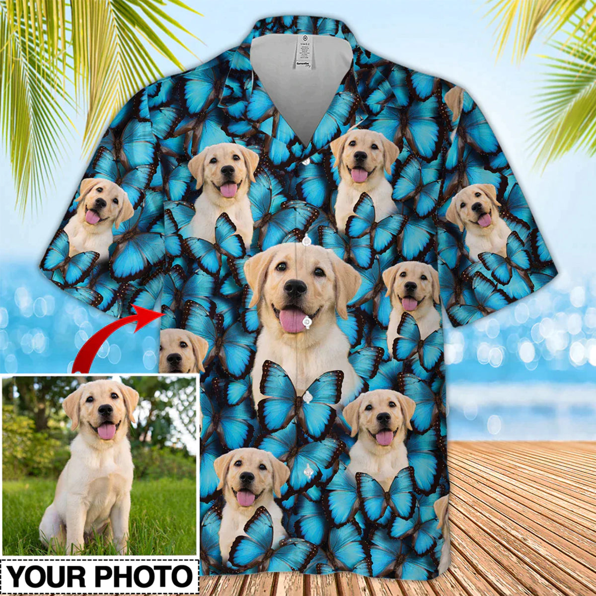 Personalized Hawaiian Shirts, Custom Photo Dog Butterflies Hawaiian Shirt, Custom Animal Hawaiian Shirt