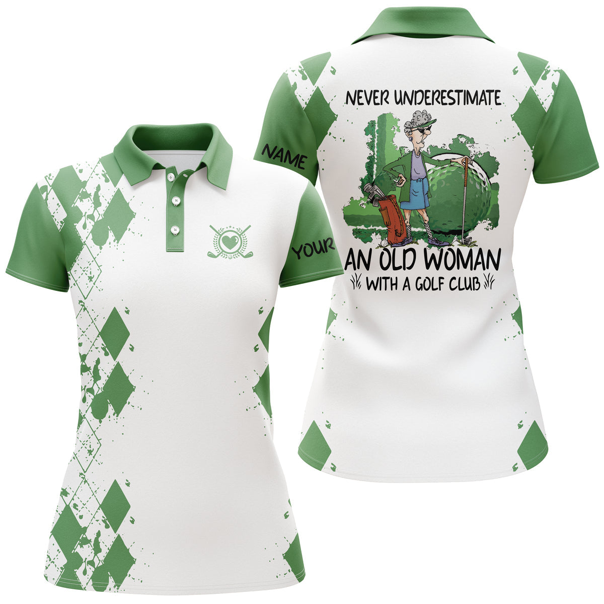 Custom Name 3d Women Golf Polo Shirts Multi-color Never Underestimate An Old Woman With A Golf Club