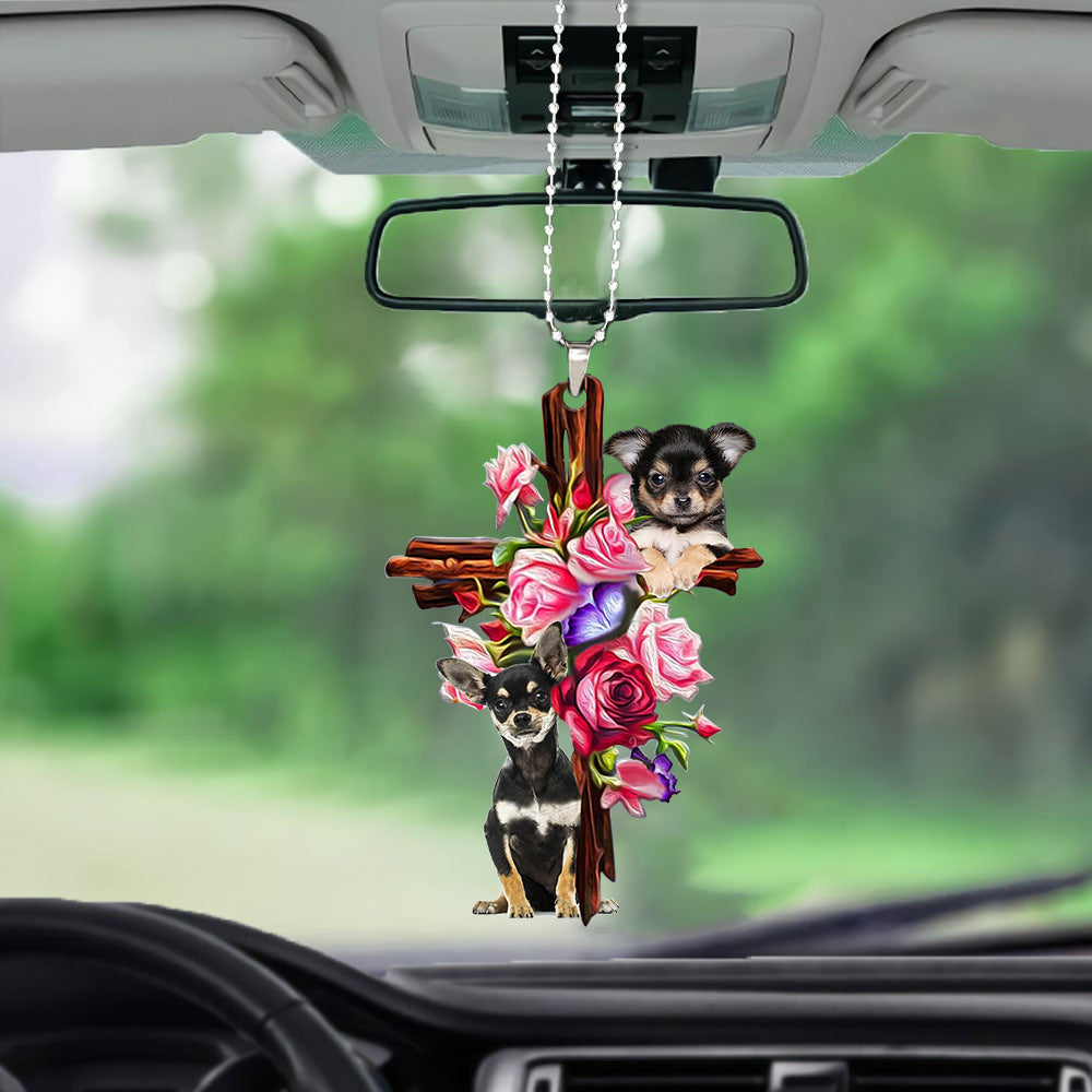 Cute Chihuahua Roses and Jesus Ornament - Dog Car Hanging Ornament - Gift For Dog Mom, Dog Lover, Dog Owner