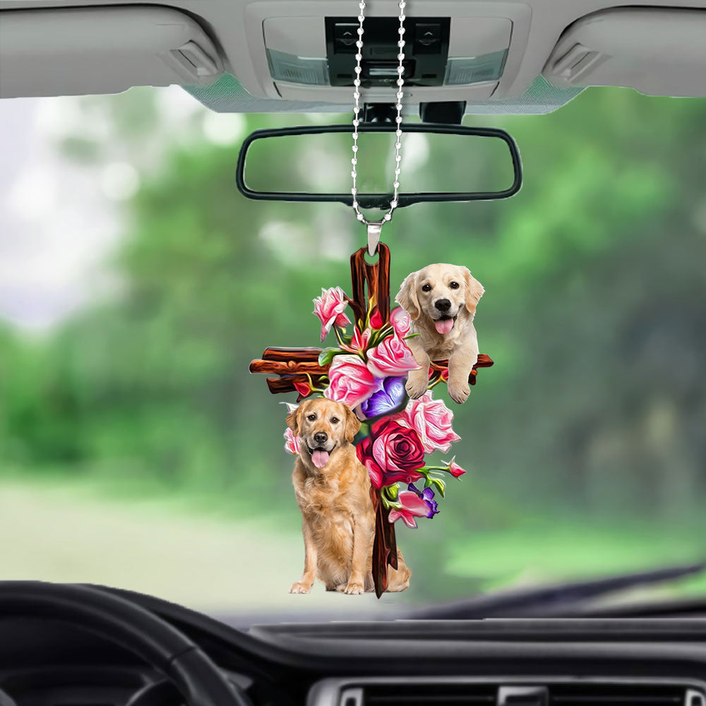 Cute Golden Retriever Roses and Jesus Ornament - Dog Car Hanging Ornament - Gift For Dog Mom, Dog Lover, Dog Owner