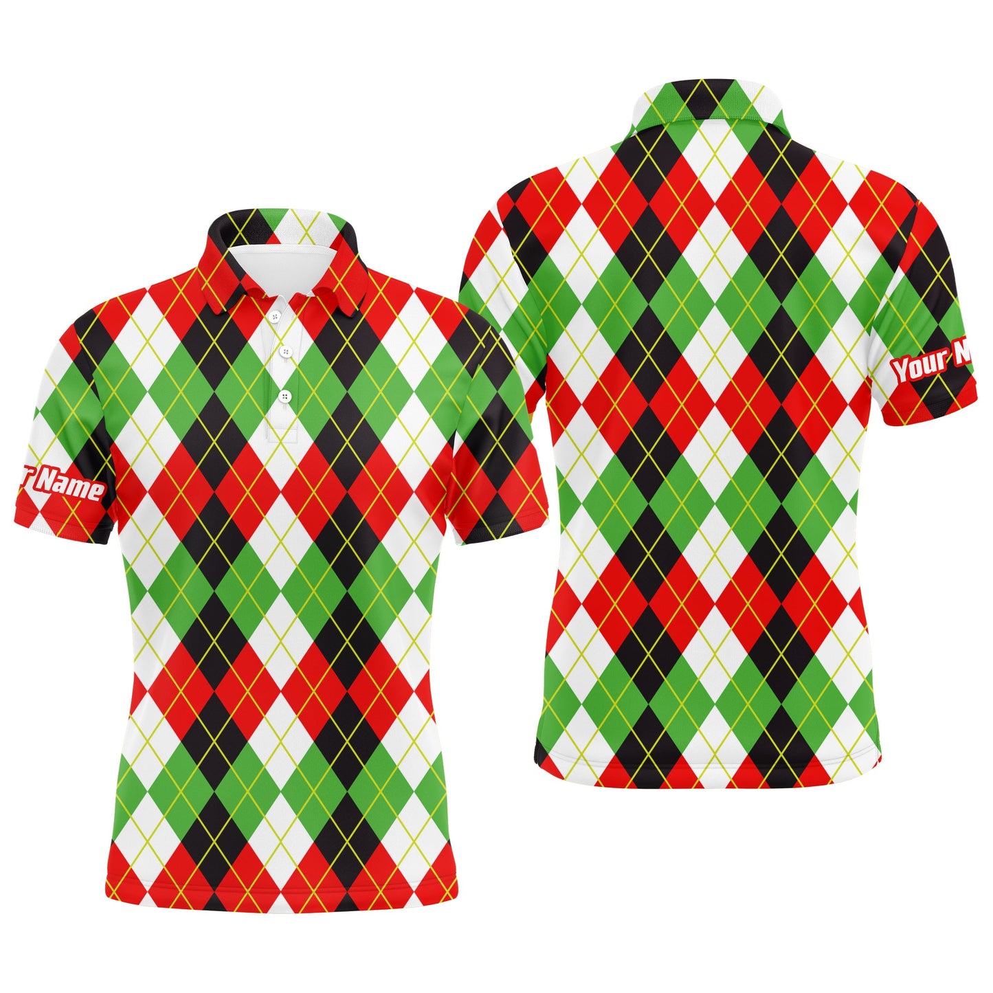 Christmas Plaid Argyle Pattern - Funny Christmas Men's Golf Polo Custom Name Shirt