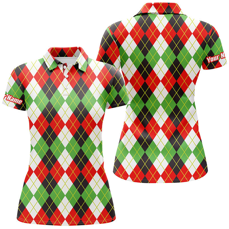 Christmas Plaid Argyle Pattern - Funny Christmas Women's Golf Polo Custom Name Shirt