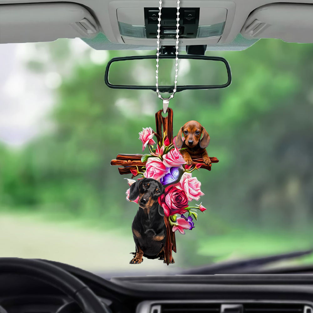 Dachshund Roses and Jesus Ornament - - Dog Car Hanging Ornament - Gift For Dog Mom, Dog Lover, Dog Owner