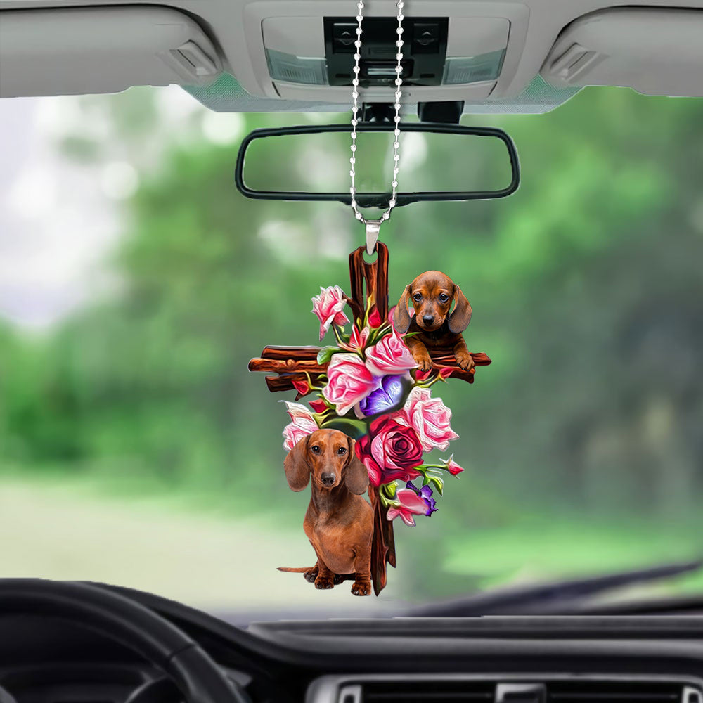 Dachshund Roses and Jesus Ornament - Dog Car Hanging Ornament - Gift For Dog Mom, Dog Lover, Dog Owner