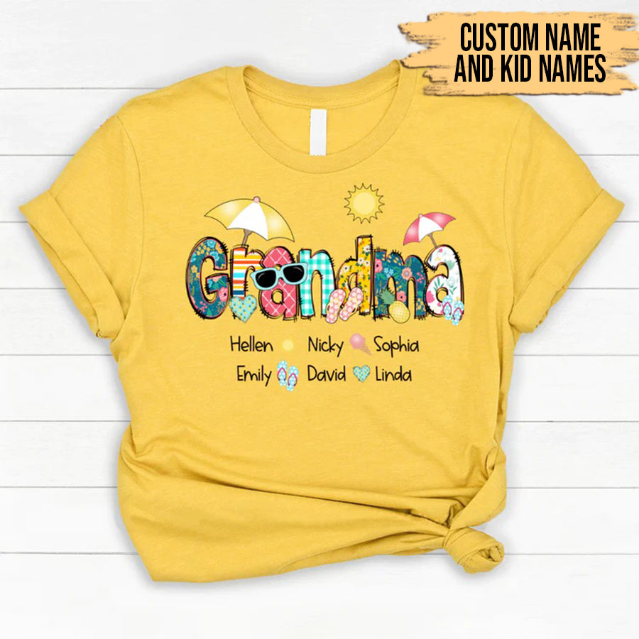 Grandma and Kids Custom Name T-shirt, Summer Grandma With Grandkids Name Personalized Shirt - Perfect Gift For Gigi, Nana, Mimi, Grandma