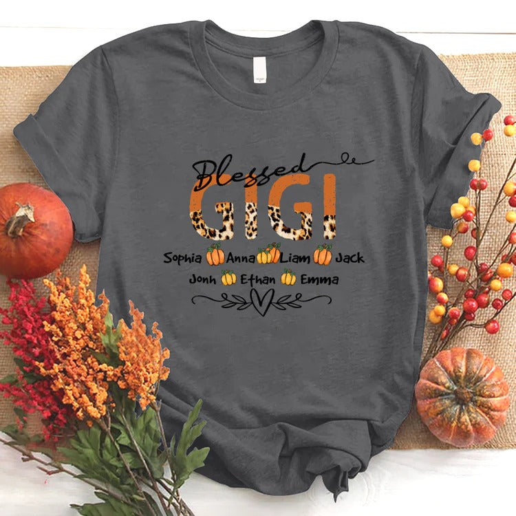 Gigi And Kids Custom Name T-shirt, Mother's Day Shirt, Leopard Blessed Gigi And Kids Pumpkin Personalized Shirt - Perfect Gift For Gigi, Nana, Mimi, Grandma