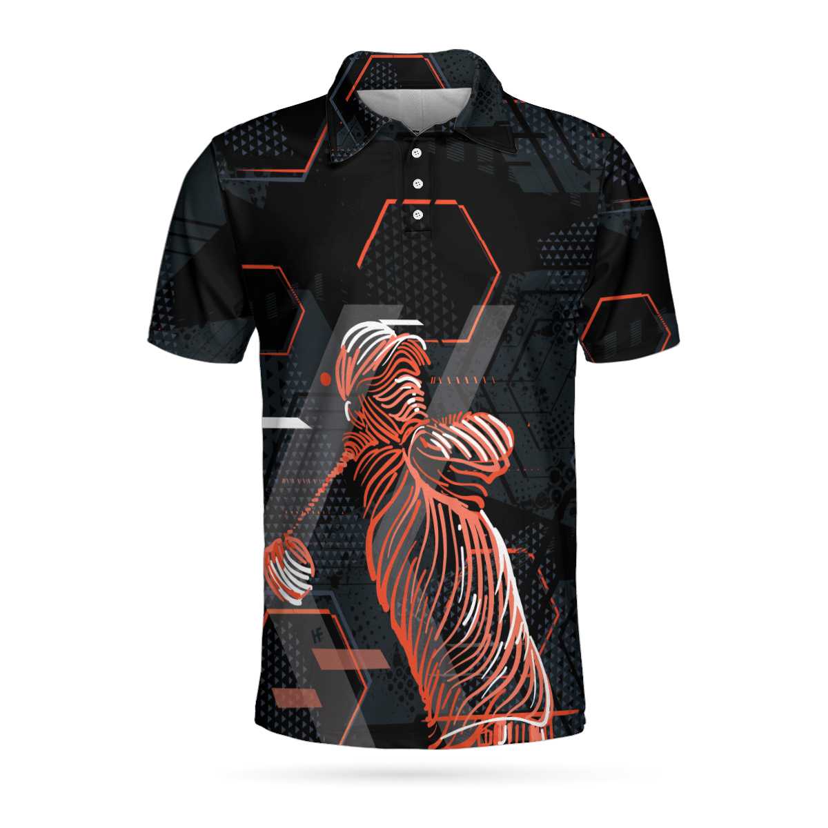 Digital Orange Golfer Golf Polo Shirt, Short Sleeve Orange And Black Golf Shirt For Men, Polo Shirt Gift For Men, Best Gift Ideas For Men Golfers