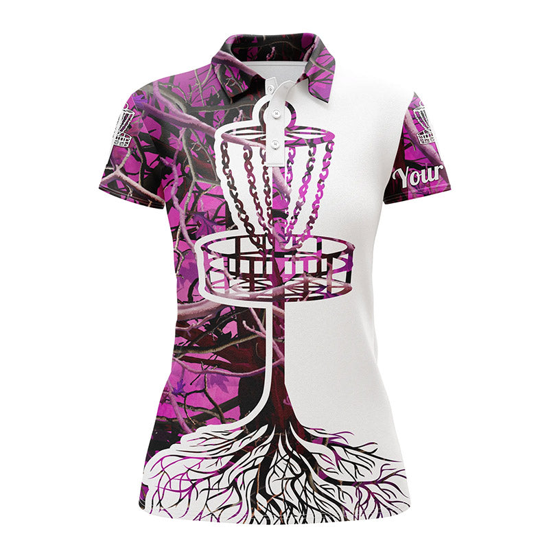 Disc Golf Women Polo Shirt Pink Camo Custom Name All Over Print Shirt, Personalized Disc Golf Gifts