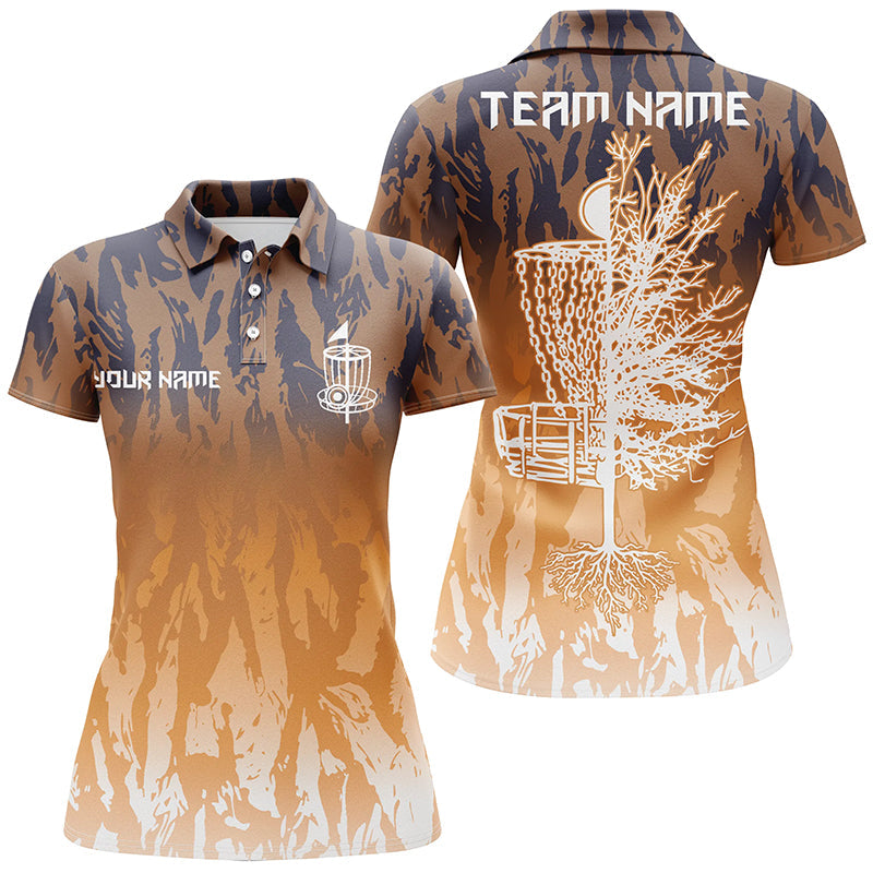 Disc Golf Basket Orange Camo Women Polo Shirts Custom Name Disc Golf Team Shirts For Women, Perfect Gift For Women