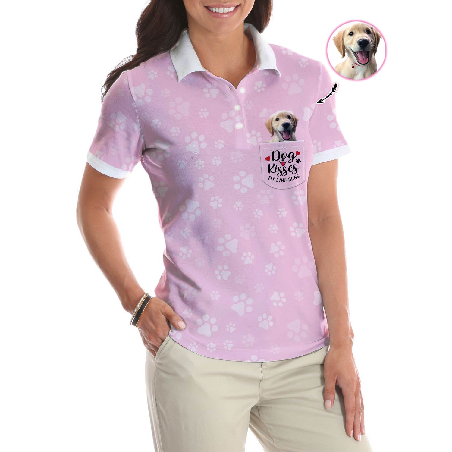 Dog Kisses Fix Everything Custom Short Sleeve Women Polo Shirt, Personalized Pink Polo Shirt For Dog Lovers, Best Gift For Dog Lovers, Gift For Women