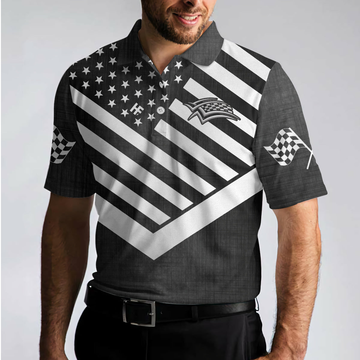 Drag Racing Custom Polo Shirt, Black American Flag Racing Shirt For Men, Short Sleeve Men Polo Shirt , Best Gift For Men Golfers