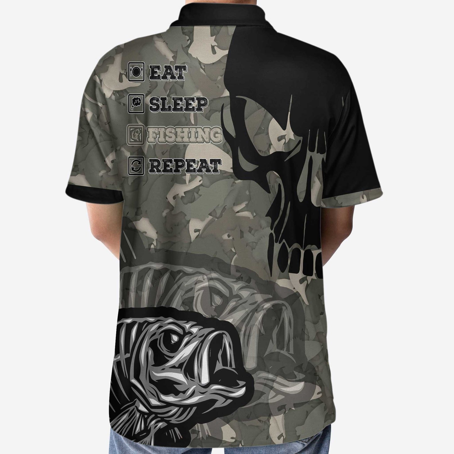 Fish Reaper Men Polo Shirt, Eat Sleep Fishing Repeat Skull Camouflage Polo Shirt, Camo Fishing Shirt For Men