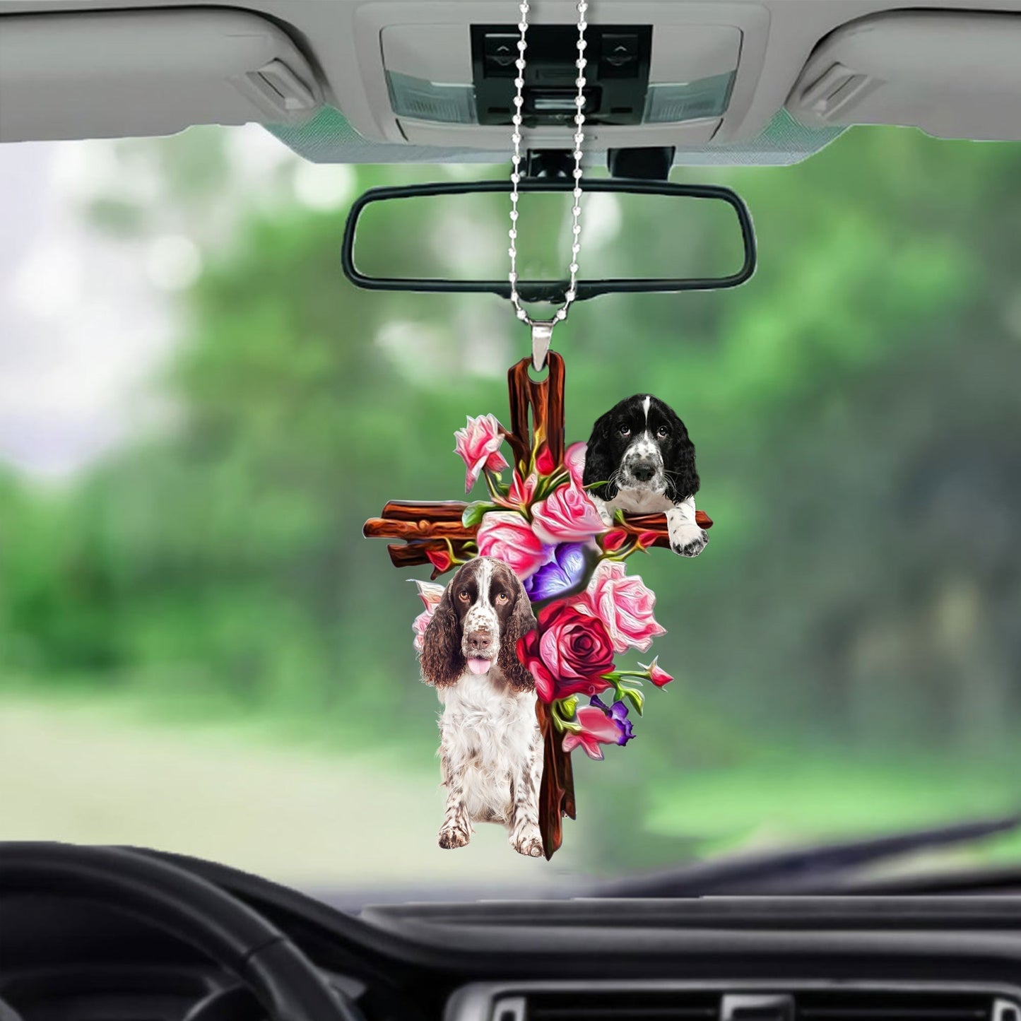 English Springer Spaniel Roses and Jesus Ornament - Dog Ornaments - Dog Car Hanging Ornament - Gift For Dog Mom, Dog Lover, Dog Owner