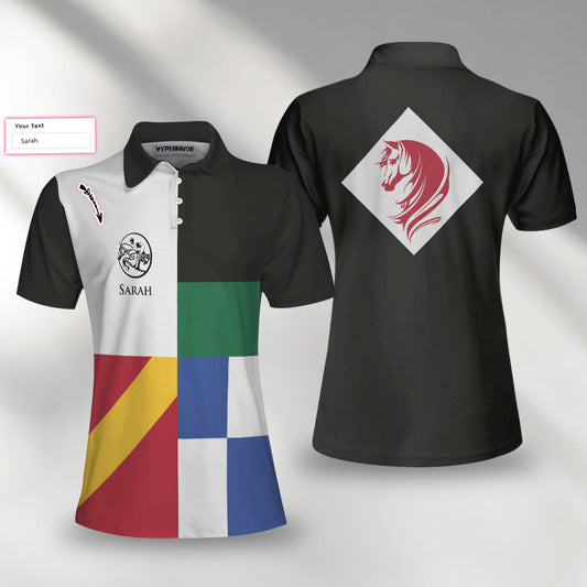 Personalized Equestrian Color Block Women Polo Shirt, Horse Riding Custom Short Sleeve Polo Shirt For Ladies, Gifts for Horse Lovers And Equestrians
