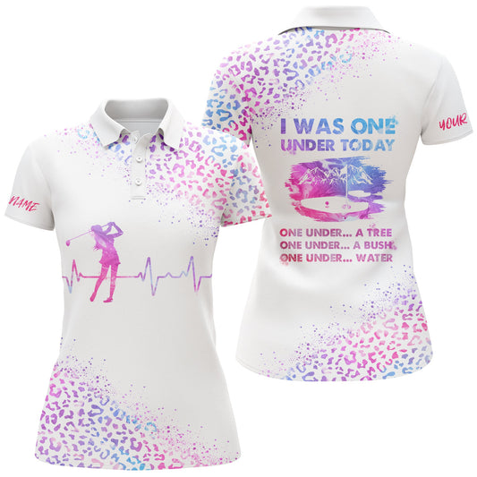 Funny Golf Shirt For Women I Was One Under Today Custom Name Pink Watercolor Leopard Women Polo Shirt