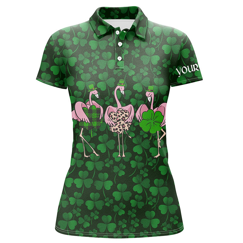 Funny Womens Golf Polo Shirt Green Clover St Patrick Day Background Custom Flamingo Golf Friends, Perfect Gift For Women