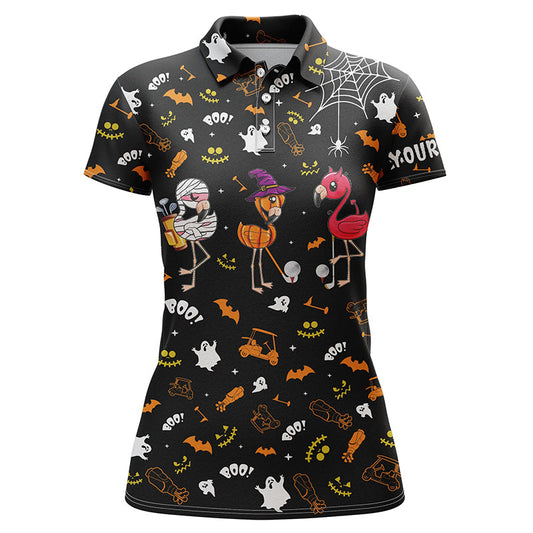 Funny Women Golf Polo Shirt Orange Black Halloween Background Custom Name Flamingo Golf Friends