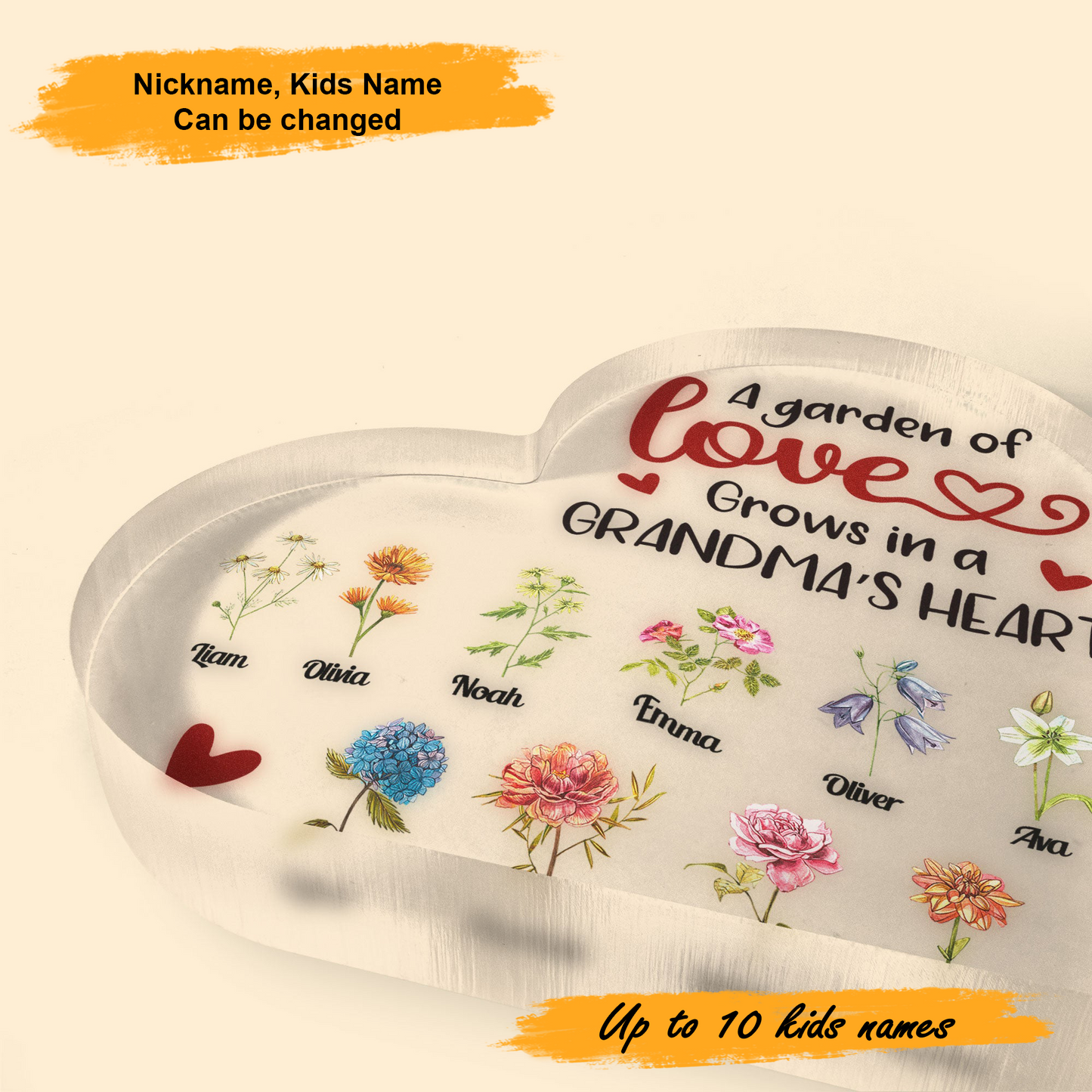 Mother's Day Grandma's Garden, Personalized Heart Shaped Acrylic Plaque - Custom Name Gifts For Grandma, Mother, Mom, Mama, Gigi, Nana