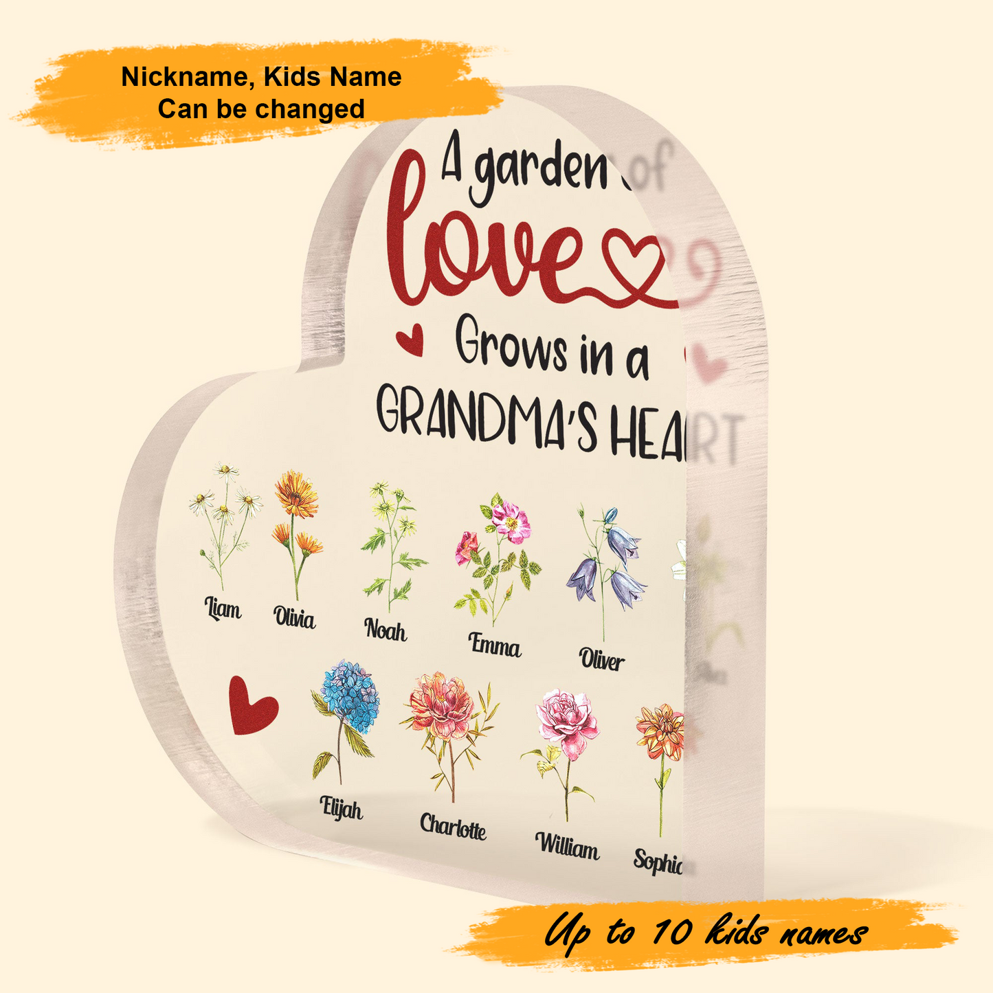 Mother's Day Grandma's Garden, Personalized Heart Shaped Acrylic Plaque - Custom Name Gifts For Grandma, Mother, Mom, Mama, Gigi, Nana