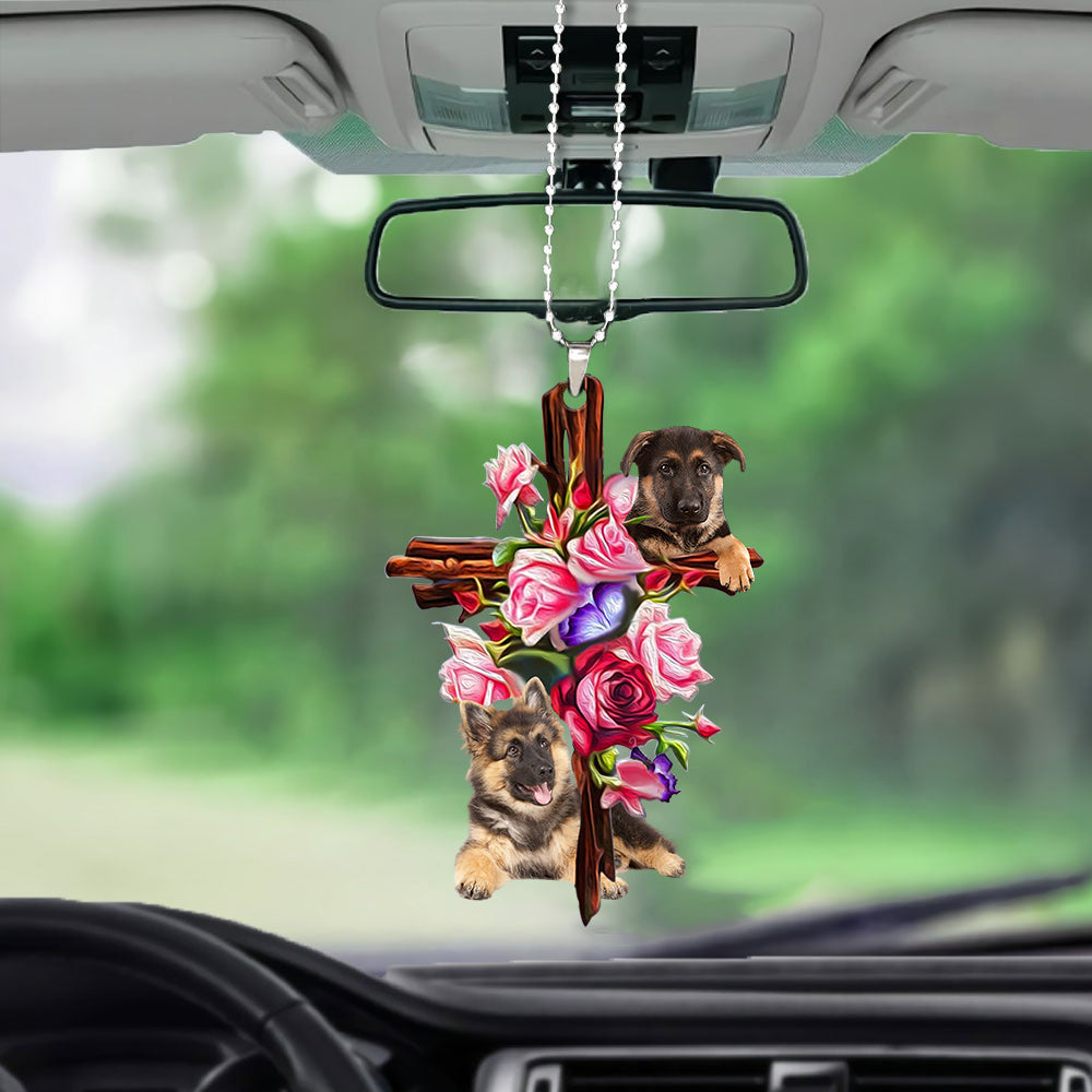German Shepherd Roses and Jesus Ornament - Dog Car Hanging Ornament - Gift For Dog Mom, Dog Lover, Dog Owner