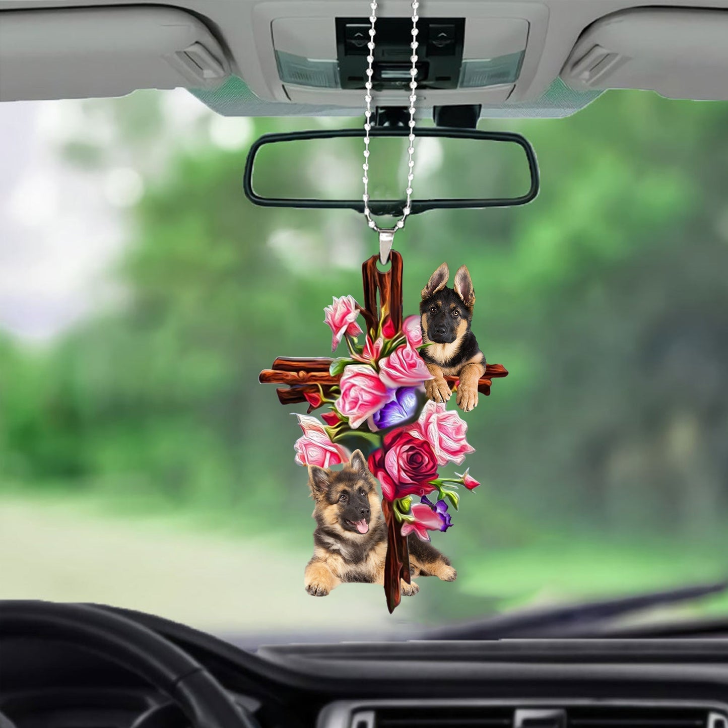 German Shepherd Roses and Jesus Ornament - Dog German Shepherd Lover Gifts - Dog Car Hanging Ornament - Gift For Dog Mom, Dog Lover, Dog Owner