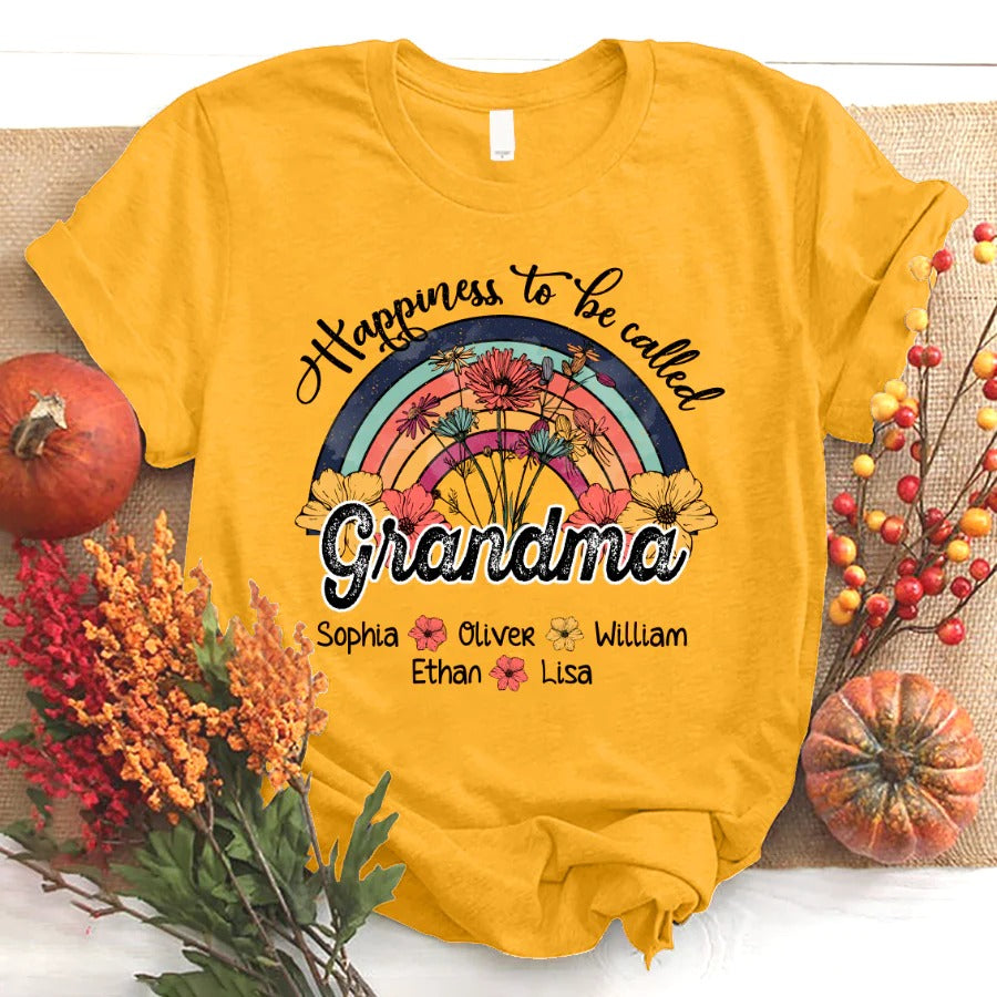 Grandma and Kids Custom Name T-shirt, Vintage Flower Happiness To Be Called Grandma By Grandkids Personalized Shirt - Perfect Gift For Gigi, Nana, Mimi, Grandma