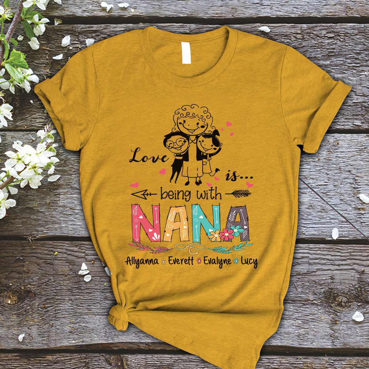 Nana and Kids Custom Name T-shirt, Love Is Being With Grandma Personalized Shirt - Perfect Gift For Gigi, Nana, Mimi, Grandma