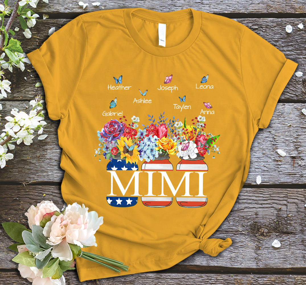 Mimi and Kids Custom Name T-shirt, Grandma Shirt , Flower Vase Flag American Personalized Shirt - Perfect Gift For Gigi, Nana, Mimi, Grandma