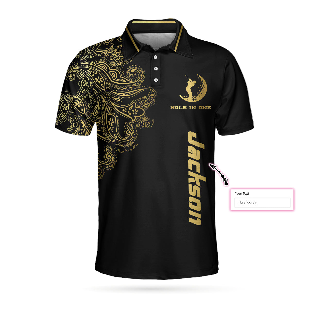 Personalized Golden Floral Paisley Golf Men Polo Shirt, Golden Hole In One Black Golf Custom Shirt For Men