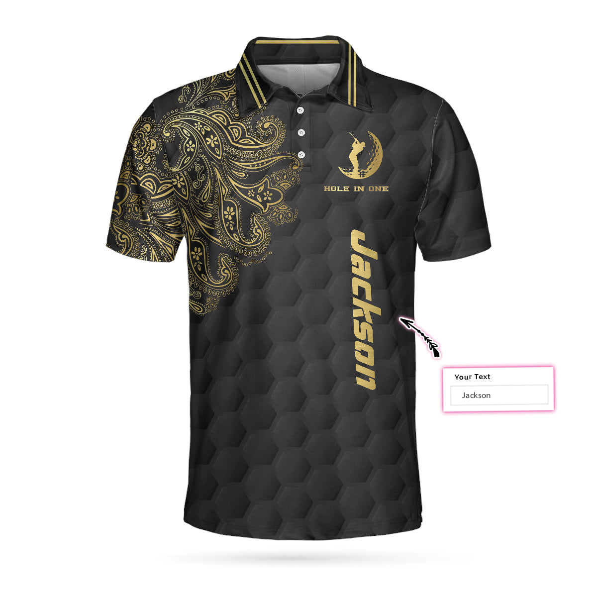 Personalized Golden Floral Paisley Golf Men Polo Shirt, Golden Hole In One Black Golf Texture Custom Shirt For Men