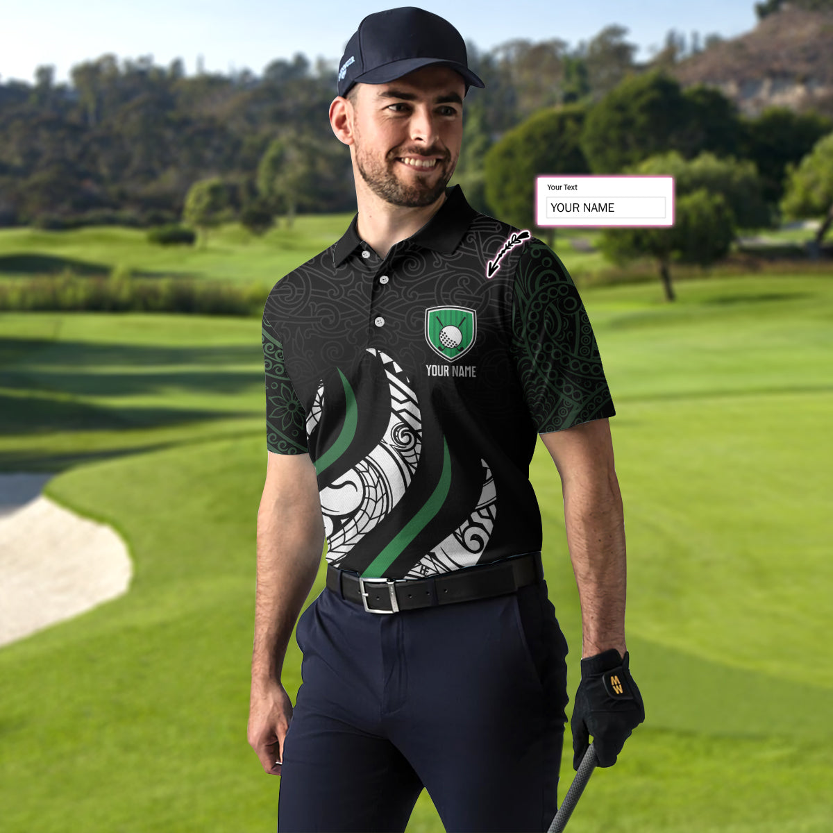 Personalized Golf Polo Shirt, Black And Green Abstract Pattern Custom Polo Shirt, Golf Gift For Male Golfers