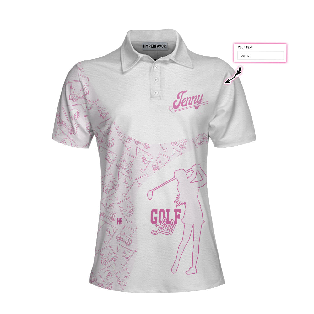 Personalized Pink Pattern Short Sleeve Women Polo Shirt, Golf Girl White And Pink Golf Custom Shirt For Ladies