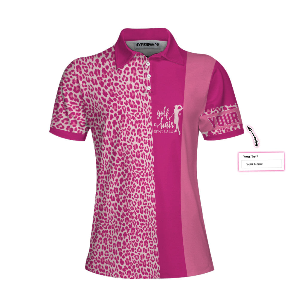 Personalized Pink Leopard Golfing Short Sleeve Women Polo Shirt, Golf Hair Don't Care Custom Shirt For Golfers, Unique Male Golf Gift